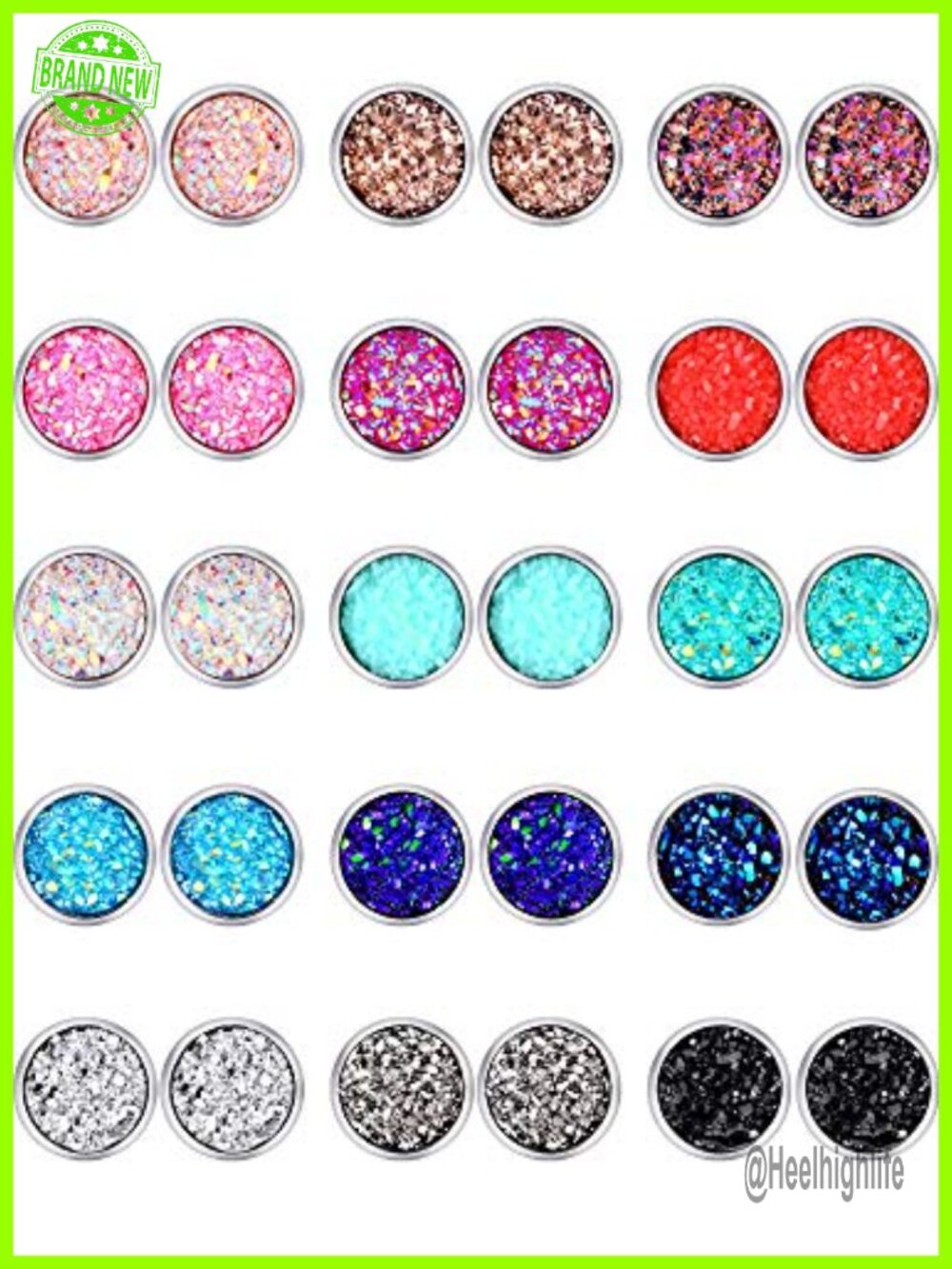 Stainless Steel Druzy Stud Earrings Set 15 Pairs Pierced